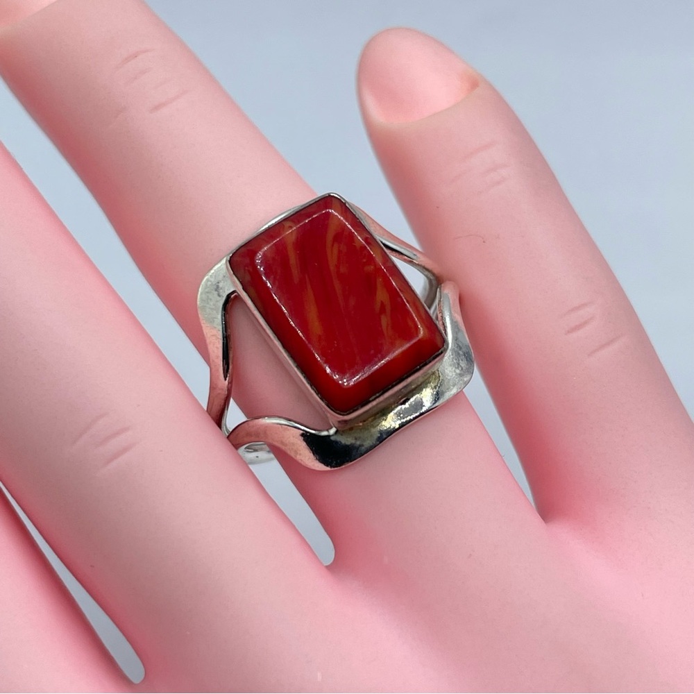 Vintage Mexico Red Jasper Agate Silver Statement Ring Sz 8 Southwestern